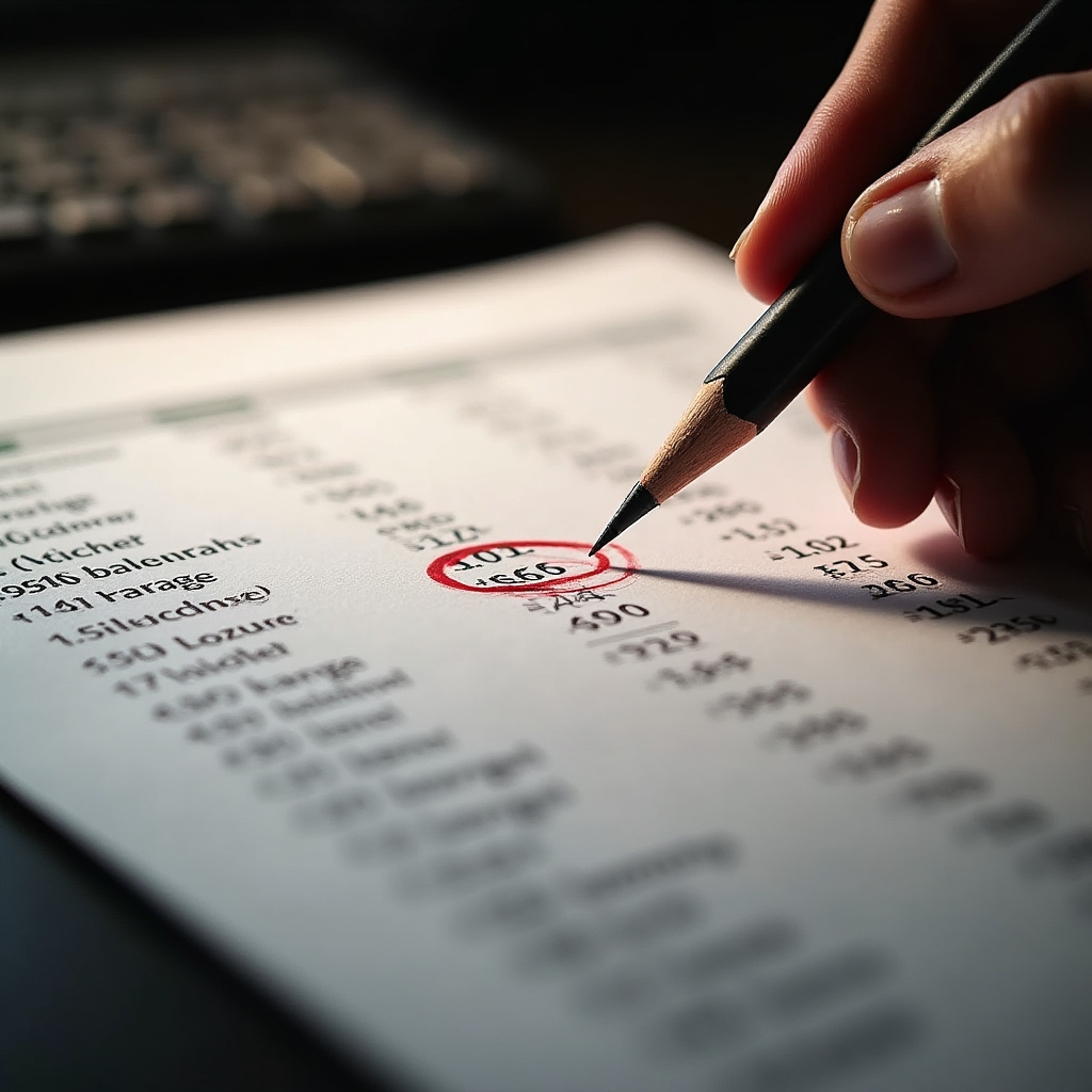 Detailed close-up of a financial annual report with balance sheet columns, numbers highlighted with a pen, focused analytical view