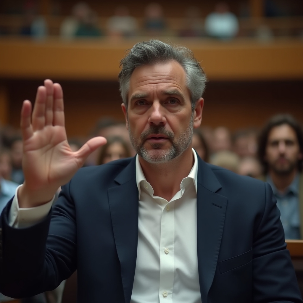 A cooperative member raising their hand to ask a question at a general assembly, others seated around a formal meeting room, engaged expressions