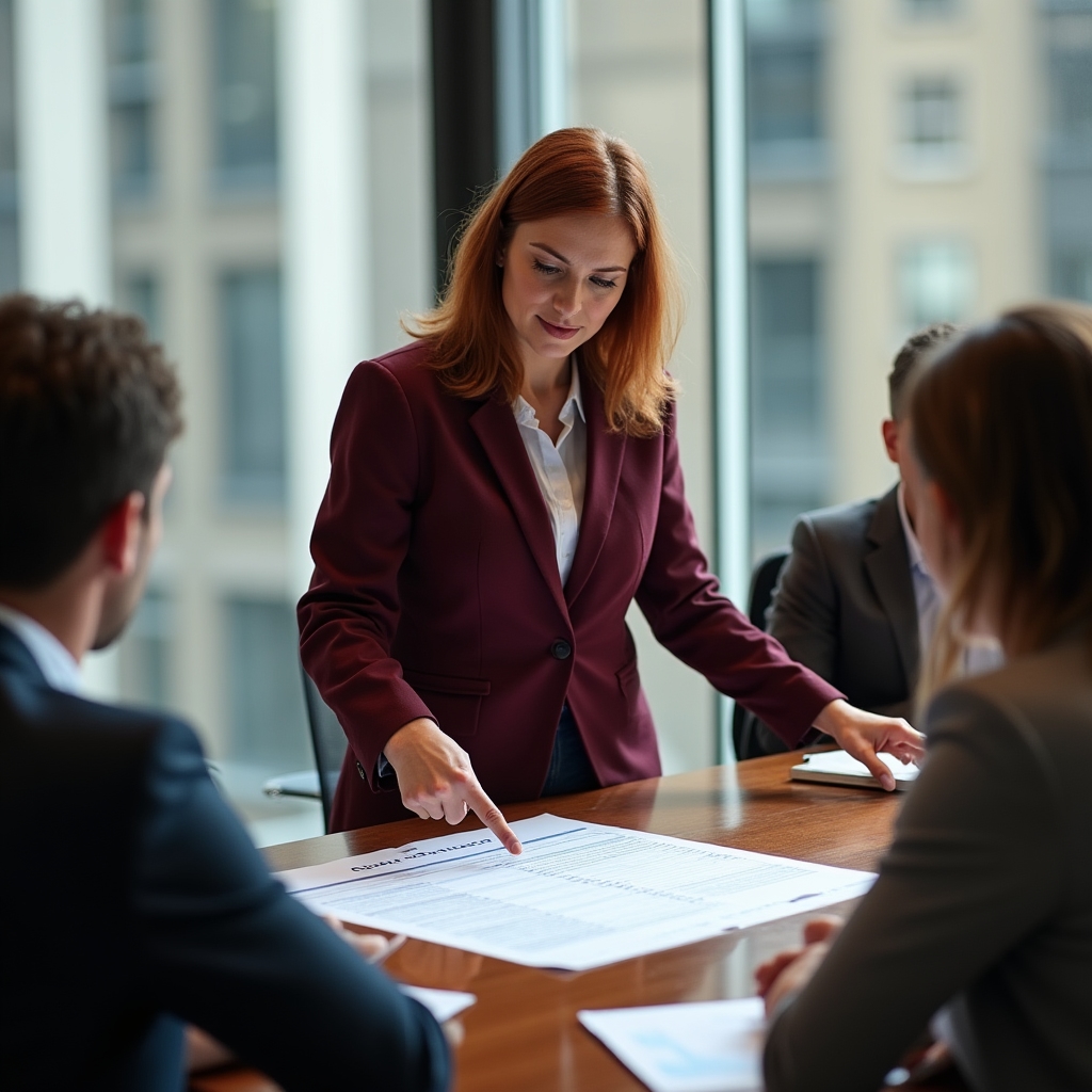 A financial educator pointing to specific rows on a printed balance sheet, explaining concepts to a small attentive group around a conference table