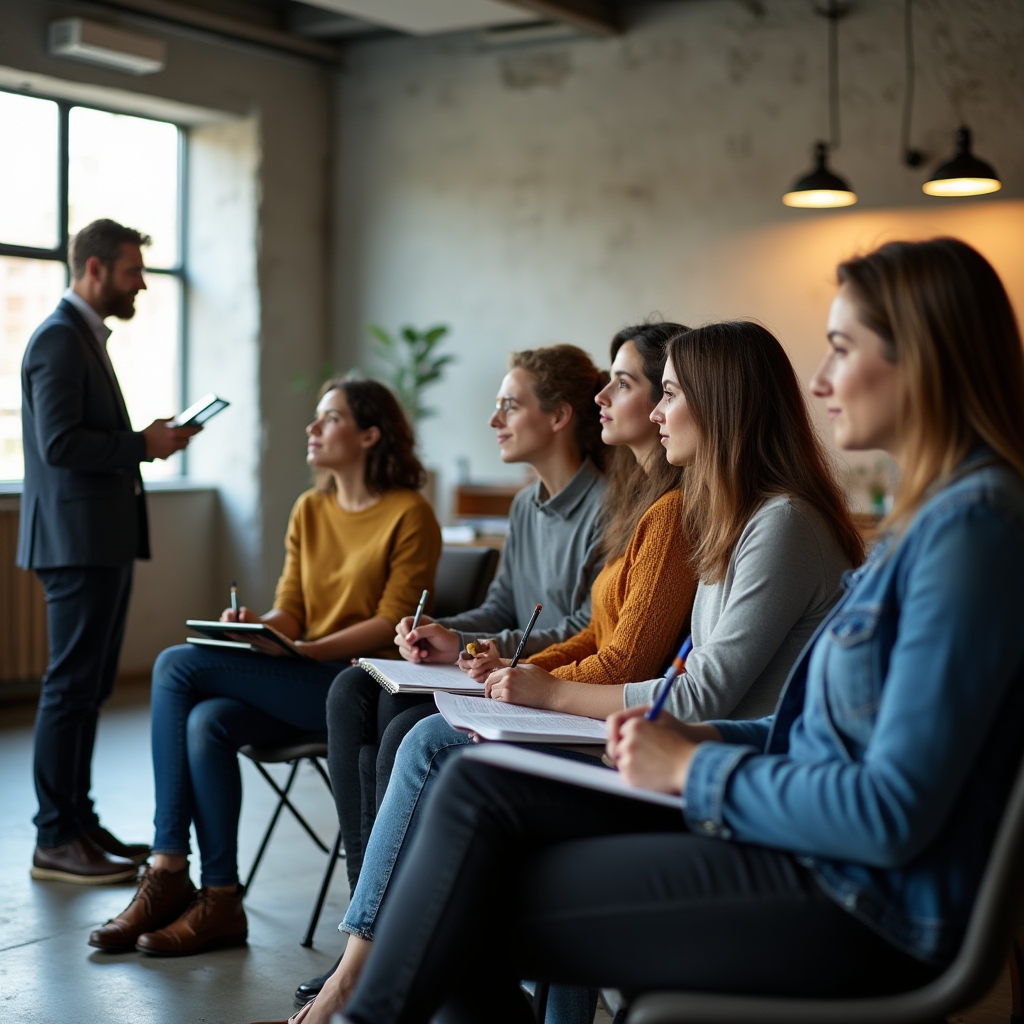 Small group of adults attending a financial literacy workshop, taking notes and asking questions