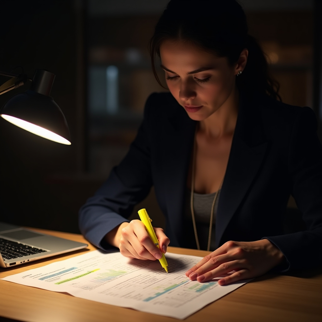 Person carefully studying a cooperative annual financial report with highlighted sections