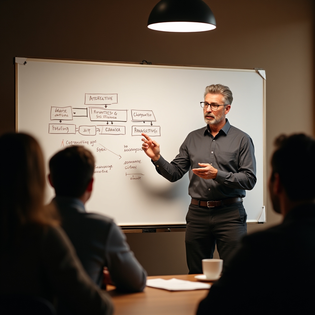 An instructor presenting financial concepts on a whiteboard to a small group of attentive cooperative members