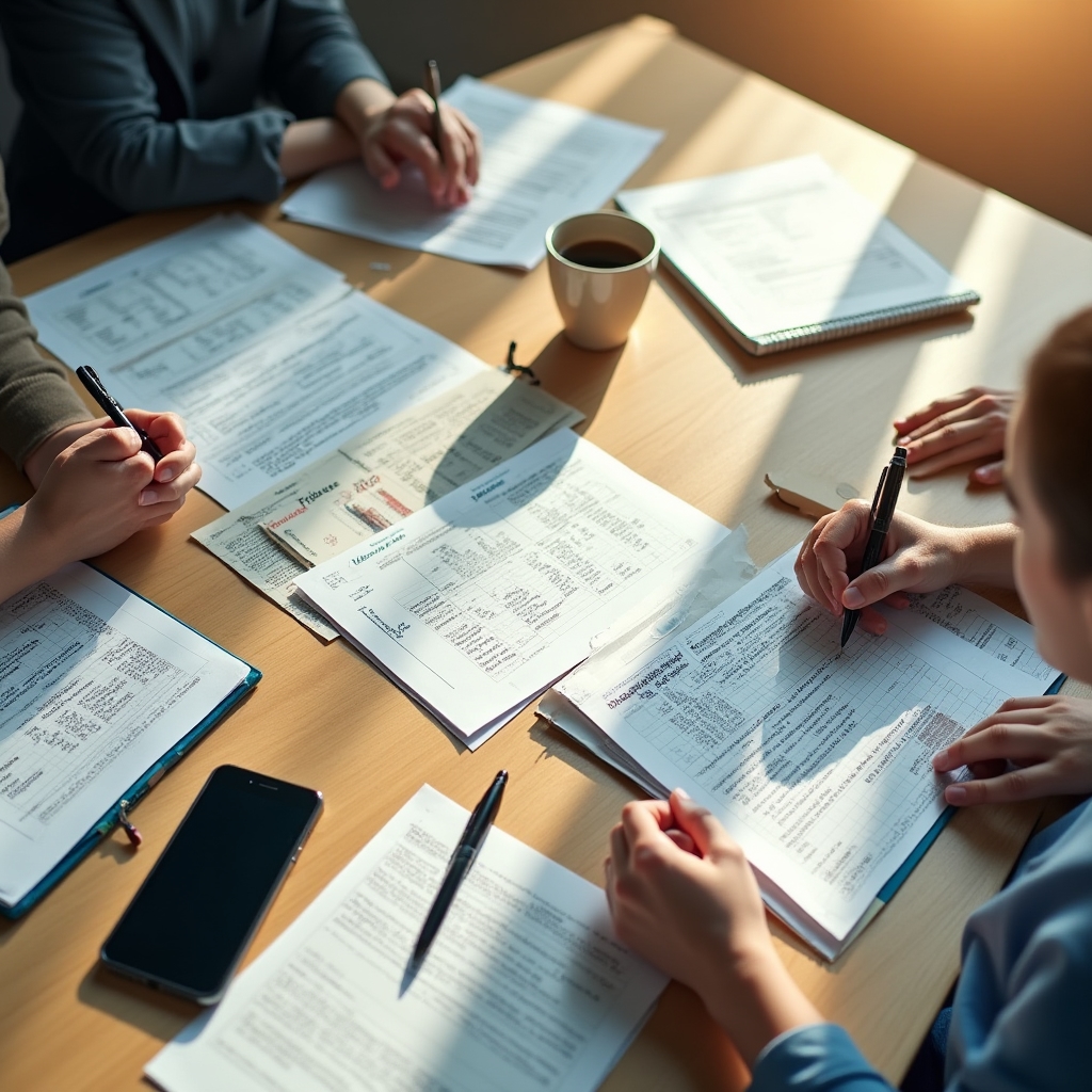 Participants at a financial literacy session taking detailed notes, documents spread on the table, focused expressions